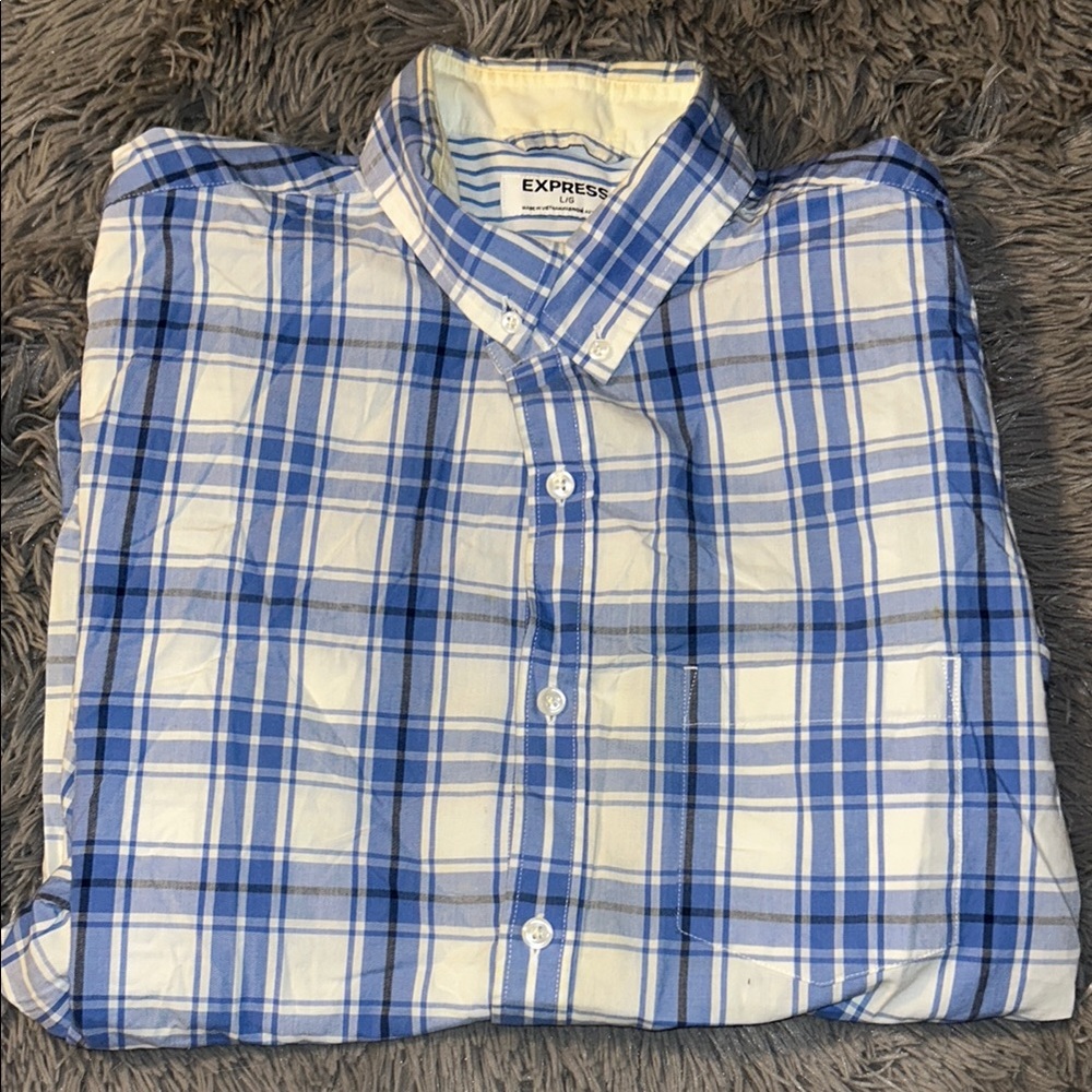 Express Blue and White Casual Button Down Shirt